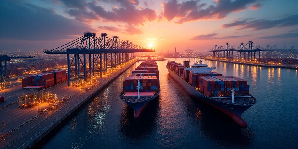 Logistics hub with digital data overlays representing global supply routes